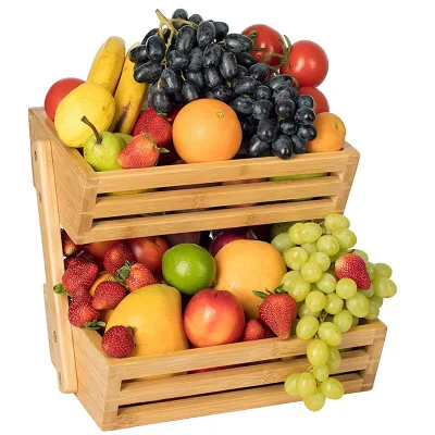 Espositore per organizer per frutta e verdura in legno, ripiano in bambù a 2 livelli per snack